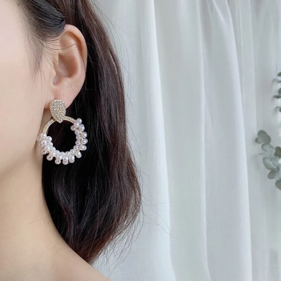 Rhinestone 14K Gold Plated Pearl Earrings - Picture 3 of 5